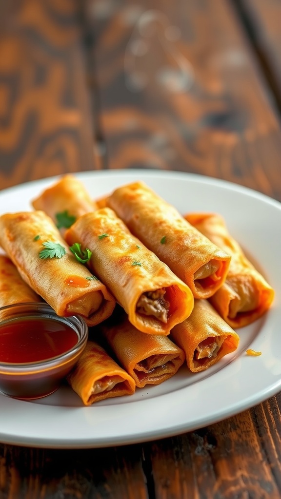 Crispy duck spring rolls served with a tangy dipping sauce on a rustic wooden table.